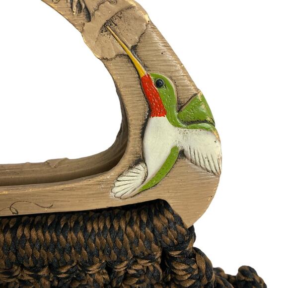 Vintage Knit Tote Purse with Wooden Handles and Hummingbird Detail - Picture 5 of 5